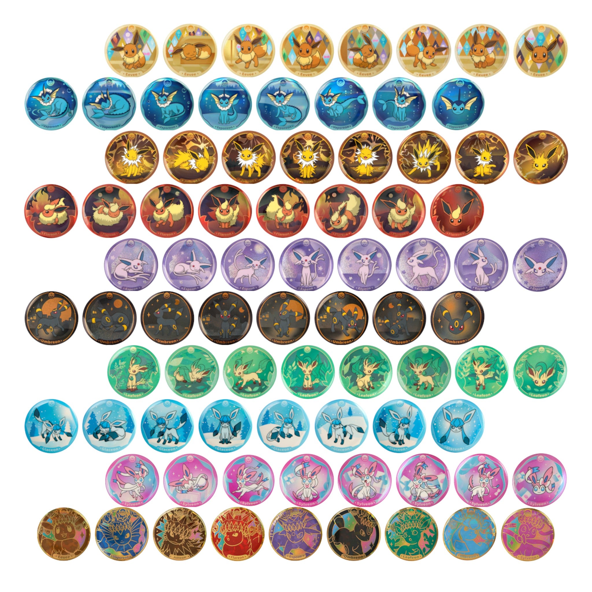 Les 81 modèles de badges Évoli et évolutions : 72 classiques et, en dernière rangée, les 9 modèles cachés dorés